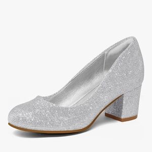 Elegant Glitter Silver Women's Block Heel Shoes